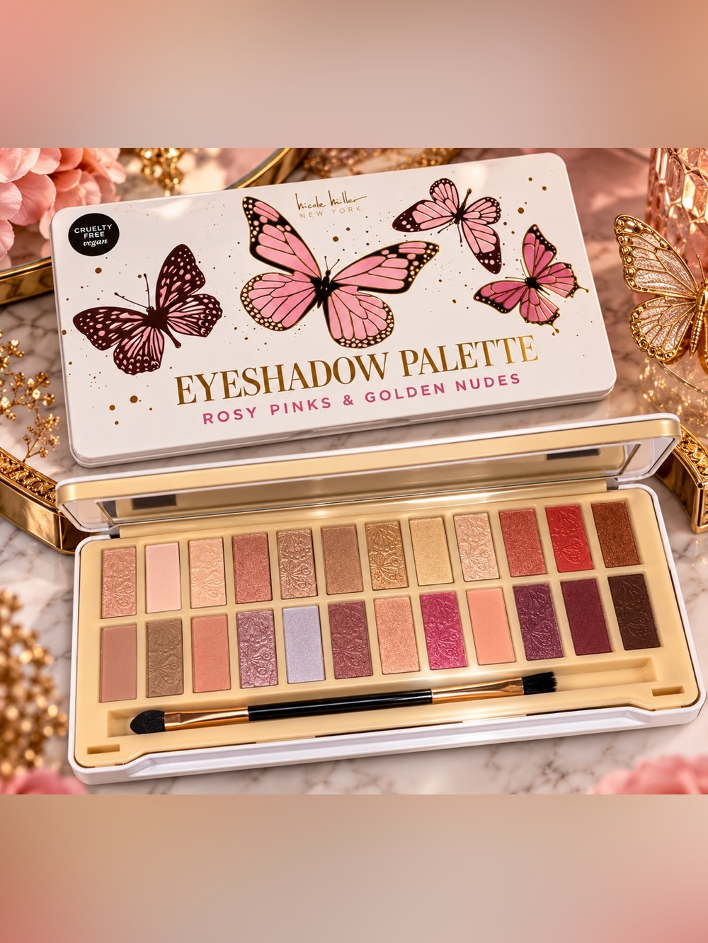 Nicole Miller Rosy Pinks & Golden Nudes Eyeshadow Palette Floral Pink & Gold